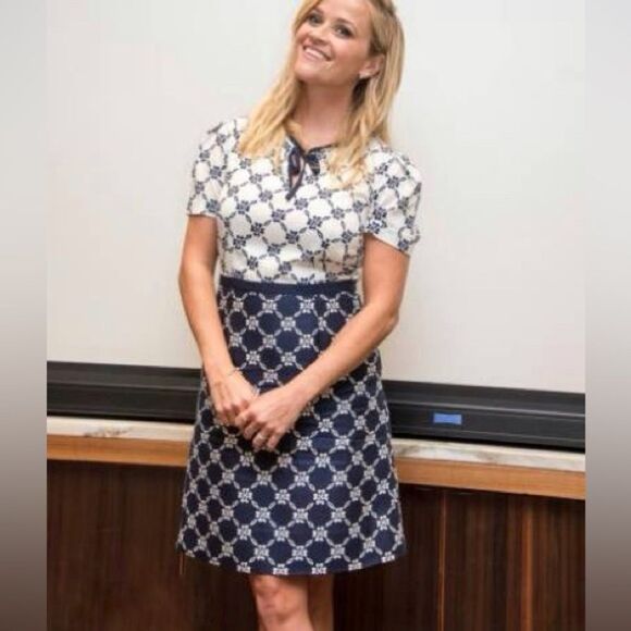 Draper James Navy Ivory Floral Lattice Print Silk Blend Celia Dress size 6 - Picture 2 of 7